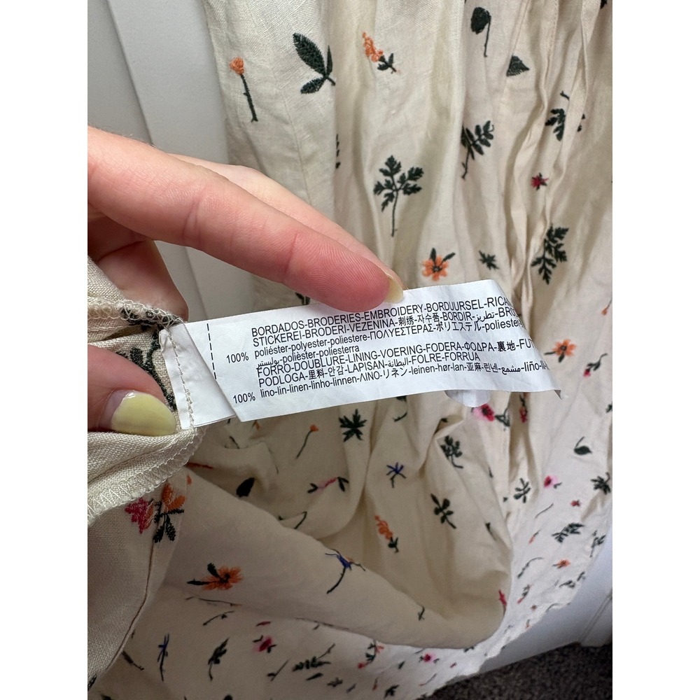 Zara Midi Dress XL Cream Floral Embroidered Linen Flower Lace Up Back Slit Boho - Picture 7 of 8